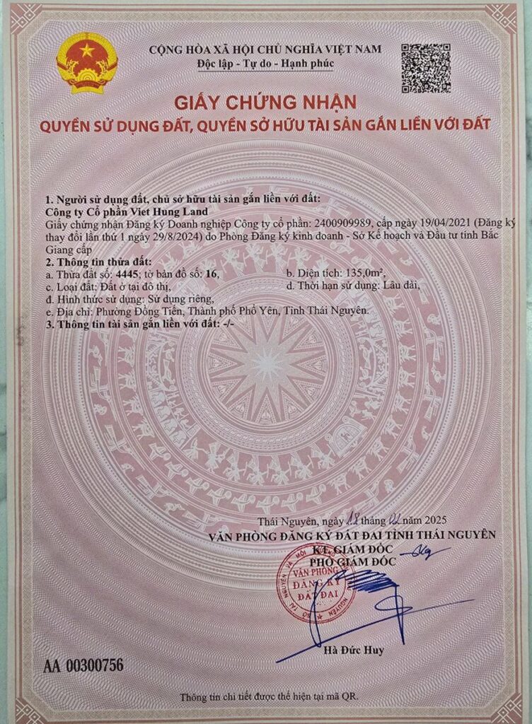 Giay Chung Nhan Quyen Su Dung Dat Yen Binh Xanh